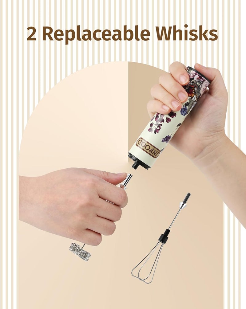 INFOOD Milk Frother Rechargeable with Cover - Coffee Frother Wand, Drink Mixer Handheld with 2 Detachable Stainless Whisks 2 Speed Adjustable for Latte, Cappuccino, Hot Chocolate, Egg, Vintage Floral - Image 4